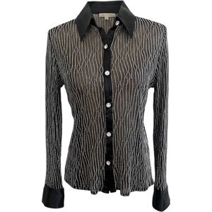 JS Boutique Womens 12 Sheer Black Silver Metallic Lurex Rhinestone Button Blouse